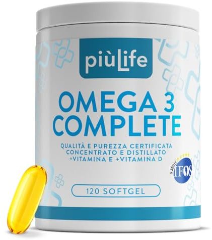 Omega 3 IFOS 5 étoiles Certifié Avec Vitamine D3 2000 UI Et E PiùLife, 120 Softgels, Huile De Poisson Omega 3 DHA EPA 2000 mg et 1000 mg par dose, Soutien Cœur, Vue, Os, Cerveau