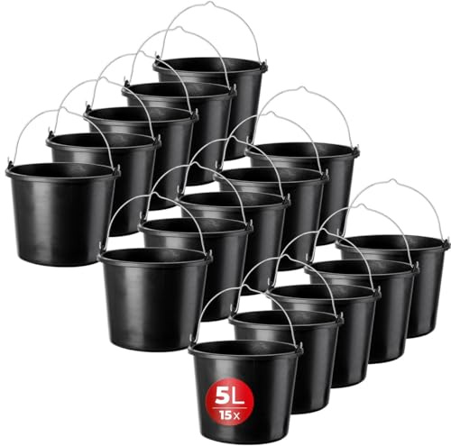 KADAX Plastic Bucket 5L, Large Builders Bucket with Metal Handle for Cleaning and Plastering, Black Construction Bucket for Cement, Paint (Set of 15)