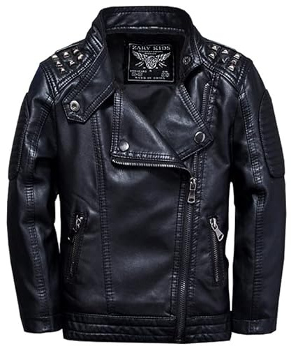 Lengender Veste cloutée en Simili Cuir Garçon - Blouson Motard Printemps Automne - Manteau Imitation Cuir Enfant (Noir, 130)