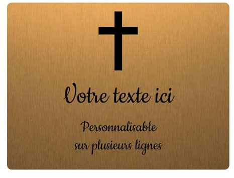 Plaque gravée funéraire motif Croix Chrétienne autocollante 20x15 cm personnalisée 1 à 3 lignes Or Brossé