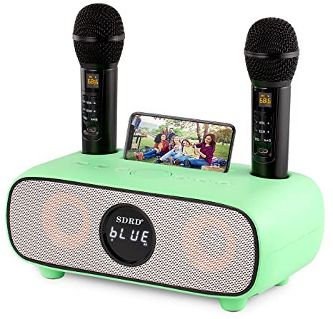 Karaoke Maschine,Bluetooth Karaoke Anlage für Erwachsene und Kinder, Tragbares PA-System mit 2 Mikrofonen,Lautsprecher mit Handyhalter/USB/TF-Karte/AUX-In,für Heimparty,Picknick,Outdoor/Indoor(grün)