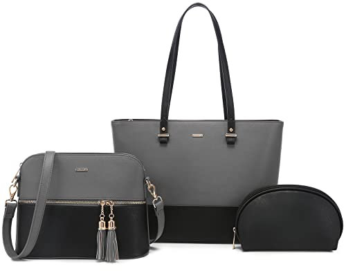 LOVEVOOK Handtaschen Damen Shopper Schultertasche Umhängetasche Damen Groß Tasche für Büro Schule Einkauf Reise Handtasche 3-teiliges Set, Grau Schwarz