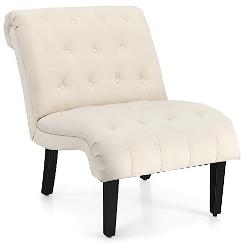 COSTWAY Modern Accent Chair, Ergonomic Comfy Occasional Tub Chair Upholstered Single Sofa with Rubber Wood Legs, Button Tufted Linen Fabric Leisure Lounge Chair for Living Room Bedroom (Beige)
