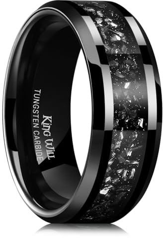King Will Mens Meteorite Rings Tungsten Carbide Wedding Bands 8mm High Polished Engagement Ring for Couples Comfort Fit, Black, Size 10