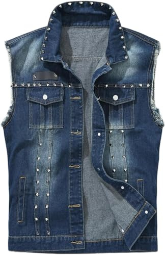 Mcdslrgo Chaleco de mezclilla punk sin mangas para hombre con remaches, azul, S
