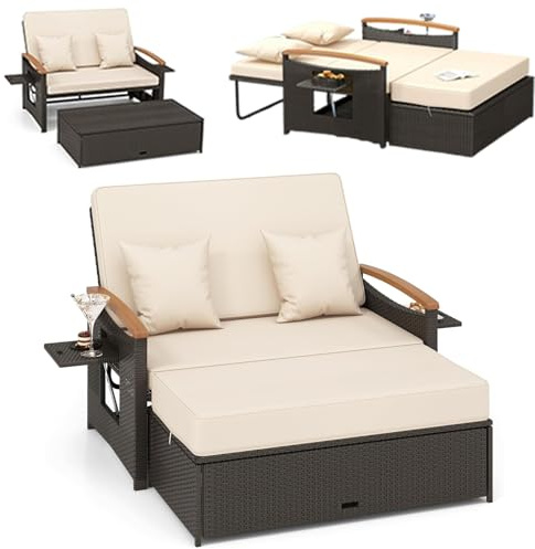 GYMAX 4-en-1 Canapé-Lit de Jardin, Table Basse, Ottoman, Coussins Oreillers Confortables, Dossier Réglable à 4 Niveaux, Salon de Jardin Exterieur en Rotin 2 Personnes, pour Patio, Terrasse, Piscine