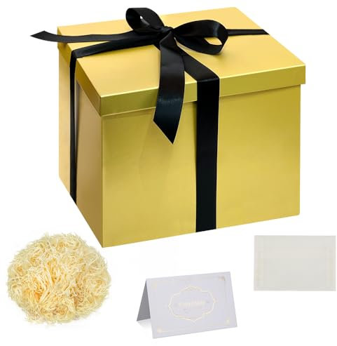 Geschenkbox Set, Gold Geschenkbox mit Deckel Tiefe Geschenkbox mit Schleife 23x23x18cm Geschenkbox zerrissenes Seidenpapier Grußkarten für Weihnachten Geburtstag Hochzeitstag