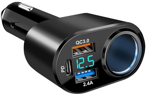 Etre Jeune USB C Car Charger, 90W Cigarette Lighter Adapter Dual USB Fast Charging PD QC 3.0, 12V/24V Car Charger Socket Splitter with LED Voltmeter for Smart Phone GPS Dash Cam