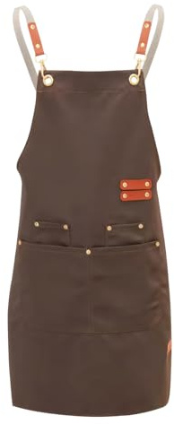 Grembiule da Pittore Uomo Donna, Grembiule da Lavoro Unisex, Grembiule Barbecue, Grembiule Giardinaggio con 4 Tasche e Schiena Incrociata, Grembiule Cucina Impermeabile, Grembiule Ristorante (Marrone)