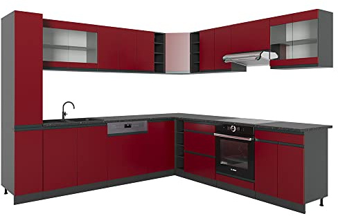 Vicco Eckküche R-Line, Rot/Anthrazit, 277 x 60 cm J-Shape, AP Anthrazit, zur flexiblen Zusammenstellung und Erweiterung geeignet