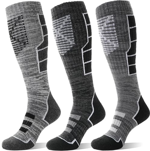 MOSEY KOSY 3 Paar Unisex Merino Wolle Skisocken Thermo Warme Winter Dicke Kniehohe Lange Sport Socken für Wandern Skifahren(Schwarz-grauer Serie,42-46)