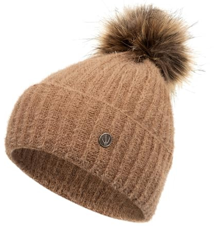 HEYO H24513 Bonnet d'hiver chaud et moelleux pour femme avec pompon en fourrure synthétique Motif côtelé, marron, taille unique
