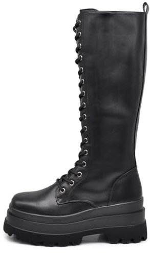 IF Fashion Scarpe Combat Anfibi Militari Stivali Stringati Alti da Donna Platform Plateau Zeppa HJ811 Nero N.41
