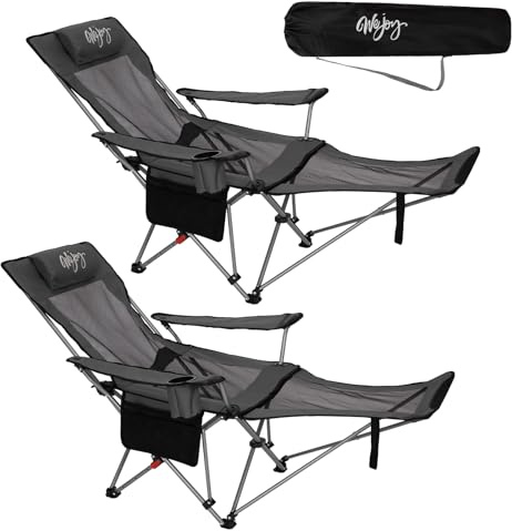 #WEJOY Lot de 2 chaises de camping pliantes 2 en 1 180 kg avec repose-pieds, chaise de plage avec dossier réglable en 4 positions, chaise inclinable avec porte-gobelet, chaise longue pour camping en