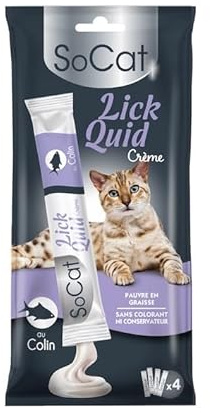 Riga - Socat Lick Quid - Friandises pour Chat - Snack Humide Au Colin - Crème A Lécher - Vitamines Et Taurine - sans Colorant Ni Conservateur - Faible en Graisses - Récompense Idéale - 4 x 14g