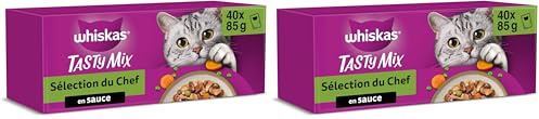 WHISKAS Repas pour Chat - 40 Sachets Fraîcheur - Tasty Mix Sélection du Chef (4 variétés) - Pâtée pour Chat Adulte en Sauce – Nourriture Humide Complète & Equilibrée (Lot de 2)