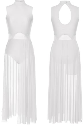 Costumi Donna Danza Lirica Abito da ballo lirico moderno da donna, senza maniche, con strass, spacco, trasparente, for balletto, ginnastica, body da ballo Per Moderno, Contemporaneo Danza(White,L)