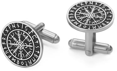 Dreamtimes Boutons de manchette boussole viking mythique nordique en acier inoxydable avec gravure de la boussole viking classique bijoux viking pour hommes cadeaux de mariage et de marié (Argent)