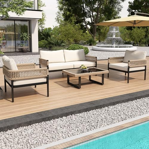 Set di 4 mobili da giardino con telaio in ferro zincato, corda beige, piedini regolabili, piano in vetro liscio, inclusi tutti i cuscini per seduta e schienale