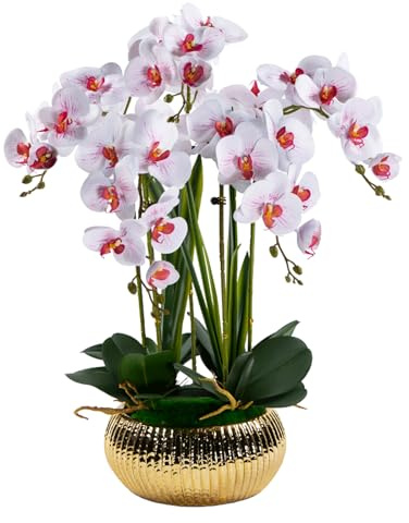 TISTIK Fiori di Orchidea Artificiali con Vaso in Ceramica, Composizione Floreale in Seta Sintetica Phalaenopsis, Decorazione per Tavolo da Pranzo per Feste di Matrimonio