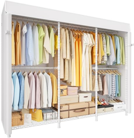 ULIFHOME E14C Pro Heavy Duty Closet Organizer Systemļ¼Freestanding Clothing Racks for Hanging Clothesļ¼Adjustable Garment Rack 69 W Ć 16 D Ć 77 H Hold 960 lbsļ¼White Rack with White Dustproof Cover
