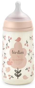 Suavinex, Biberon Anticolica da 270 ml con Tettarella Fisiologica SX Pro in Silicone, Flusso Medio (M), per Liquidi a Media Densità, Latte, Succhi o Acqua. Neonati +3 Mesi. Birdies, Rosa