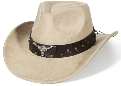 EOZY Chapeau de cowboy en cuir velours Cattleman style Western pour femmes et hommes avec bandeau amovible vintage en cuir velours chapeau de musique country festival léger protection contre la pluie