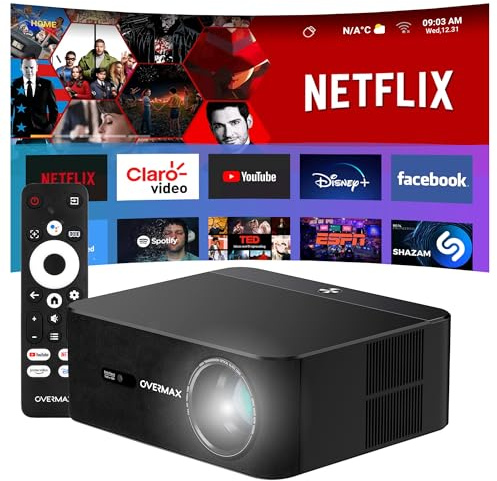 Overmax Multipic 5.2 Smart Projektor – 4K-stöd & Full HD 1080P, Google TV med röststyrning, WiFi/Bluetooth/Miracast, Auto Keystone, 200″ hemmabio, 7000 lumen, Kompatibel med Smartphone/HDMI/USB/PS5