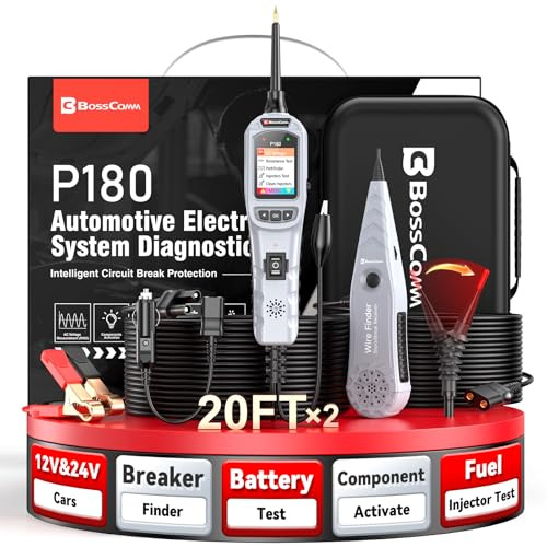 BOSSCOMM P180 Automotive Power Circuit Probe Tester, Wire Tracer, Battery/Fuel Injector Tester, AC DC Voltage/Diode/Resistance/Relay/Fuse Test, 9-30V Electrical Circuit Tester, 40FT Cable,EN/ES Ver