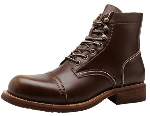 ANUFER Hombre Vintage Cuero Genuino Botas de Motociclista Fresco Cordones Botines SN0710172 Café EU42