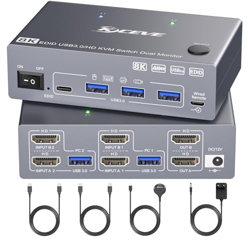 YOUTINGHDAV USB 3.0 HDMI KVM-omkopplare 2 PC 2 bildskärmar med EDID | 8K@60Hz & 4K@144 Hz, Dual Monitor KVM Switch Share Tangentbord mus, 4 USB 3.0-portar, Wired Remote (8K HDMI 2 i 2 ut KVM)