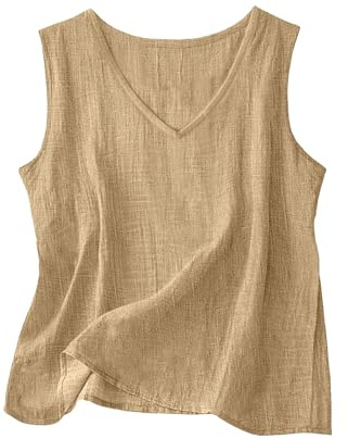 Camiseta de Tirantes de Verano para Mujer – Camisa de Lino y Blusa de algodón con Cuello en V sin Mangas, Ideal para Playa, Estilo Bohemio y festivalero (Yellow, L)