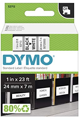 DYMO Authentic Standard D1 53713 Labeling Tape (Black Print on White Tape, 1'' W x 23' L, 1 Cartridge), Package May Vary