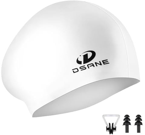 Dsane Cuffia da nuoto da donna con capelli lunghi, in silicone, ergonomica, design 3D, impermeabile, per il bagno, per donne, uomini, adulti, con tappi per le orecchie, clip per il naso (bianco/M)