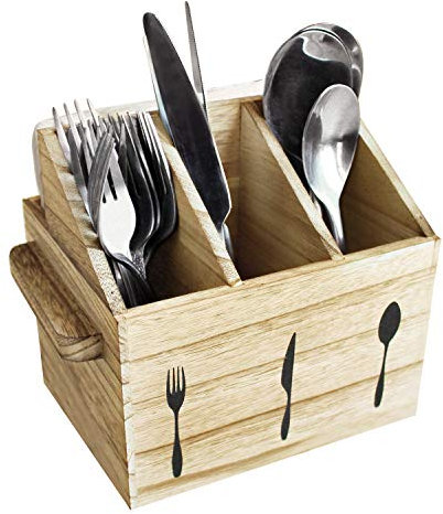 Ikee Design Rustic Elegant Wooden Flatware Organizer Caddy, Oak Color, 7'W x 5.5'D x 6.63'H
