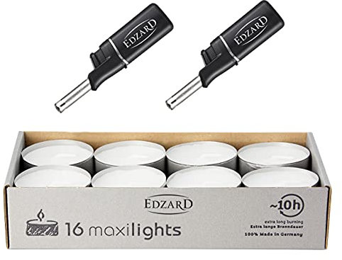 EDZARD 16 Maxilights Maxi Tea Lights White Diameter 58 mm Plus 2 Mini Stick Lighters