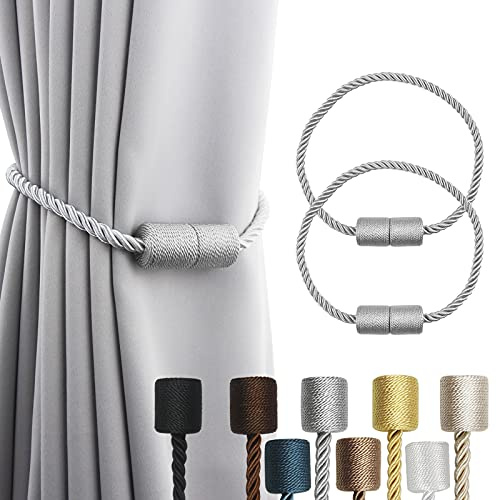 Porlau 2 Pack Grey Strong Magnetic Curtain Tiebacks Outdoor Elegant Decorative Tie Backs Modern Rope Tiebacks for Drapes Window Curtain Holdbacks for Draperies