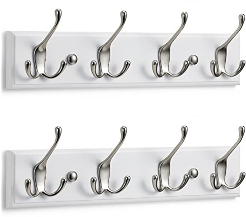 LARHN Wall-Mounted Coat Rack (2-Pack) - 4 Matt-Nickel Triple Coat Hooks for Wall on White Wooden Bamboo Base - 42 cm - All Fixings Included