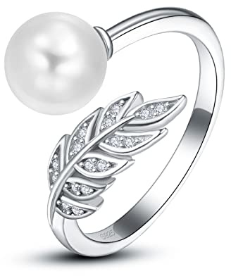 Pärlring månadssten justerbar öppen fjäderring 925 sterling silver ring för födelsesten, smycken gåva födelsedagspresent till mamma kvinnor fru flickor (O-pärlring)