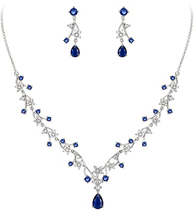 EVER FAITH Schmuck Set Wunderschönes Hochzeitsfür die Braut weiße Tropfen runde Zirconia Blumen Cluster Reben Halsketten und Ohrringe Blau Silber-Ton