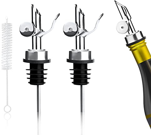 Versatori in Acciaio Inox, 3pz Ponderati Beccucci Dosatori per Bottiglie Chiusura Automatica Versatore per Bottiglie con Spazzola per la Pulizia per Alcol Olio d'Oliva Aceto Liquido (Argento)