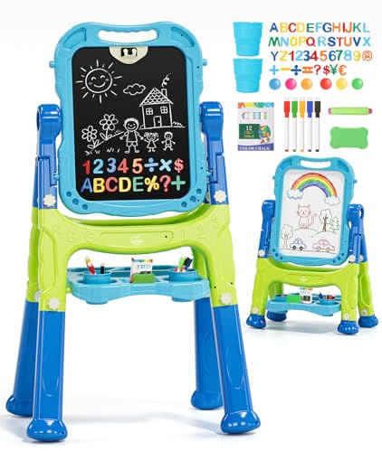 Lehoo Castle Lavagna per Bambini, 4 in 1 Lavagna Magnetica per Bambini, 360° Cavalletto Pitturai Regolabile Altezza, Giocattolo Educativo 3+ Anni(Blu)