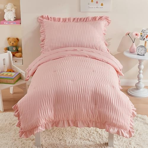 Cozyholy Juego de ropa de cama de 4 piezas con textura de sirsaca para niñas, juego de sábanas para cuna de bebé, juego de edredón ligero en una bolsa, incluye edredón, sábana encimera, sábana bajera,