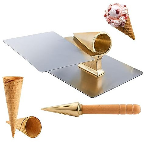 QUTBAG Máquina para Hacer Rollos de Helado de Cobre, Rodillo de Cono de Waffle de Helado con Mango de Madera Antideslizante, Herramienta para Hornear con Rodillo de Waffle para Hacer Tortillas
