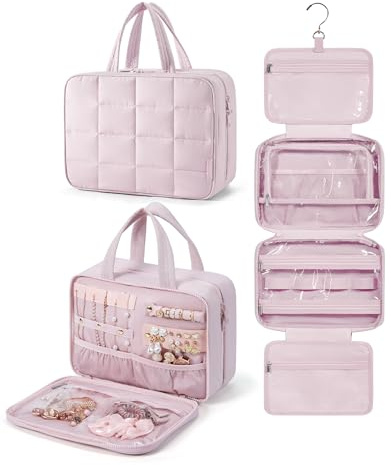 BAGSMART Travel Toiletry Bag with Jewelry Organizer, Hanging Travel Bag for Toiletries, Puffy Makeup Cosmetic Bag Organizer, Carry-on Travel Accessories Essentials, Pink-M
