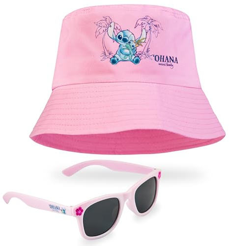 Disney Lunette de Soleil UV400 et Poids Léger Seau Chapeau Fille - Stitch Cadeau (Rose)