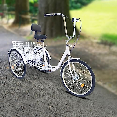 MooBeey 24 Zoll 3 Räder Dreirad Fahrrad aus Kohlenstoffstahl mit Einkaufskorb, 6 Gang Metall Fahrrad Dreirad Erwachsenendreirad, Höhenverstellbar Erwachsene Dreirad Tricycle für Damen Herren