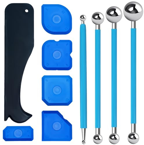 10 Pièces Kit de grattoir à joints, extracteurs de joints en silicone, 4 Boule en Métal Outil D'étanchéIté, 6 Lisseurs de Joint En Silicone, Outils de Calfeutrage Pour Salle de Bain, Cuisine