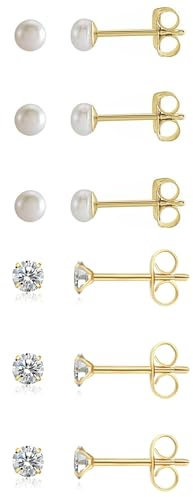 3mm CZ Pearl Small Gold Stud Earrings for Women Men, 14K Gold Plated Surgical Stainless Steel Tiny Hypoallergenic Piercing Studs Mini Stud Earrings Set for Cartilage Helix Multiple Hole, Pack of 6 Pairs