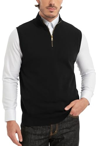 Kallspin Men’s Cotton Quarter Zip Sweater Vest Sleeveless Mock Neck Knit Jumper Smart Casual Pullover Knitwear